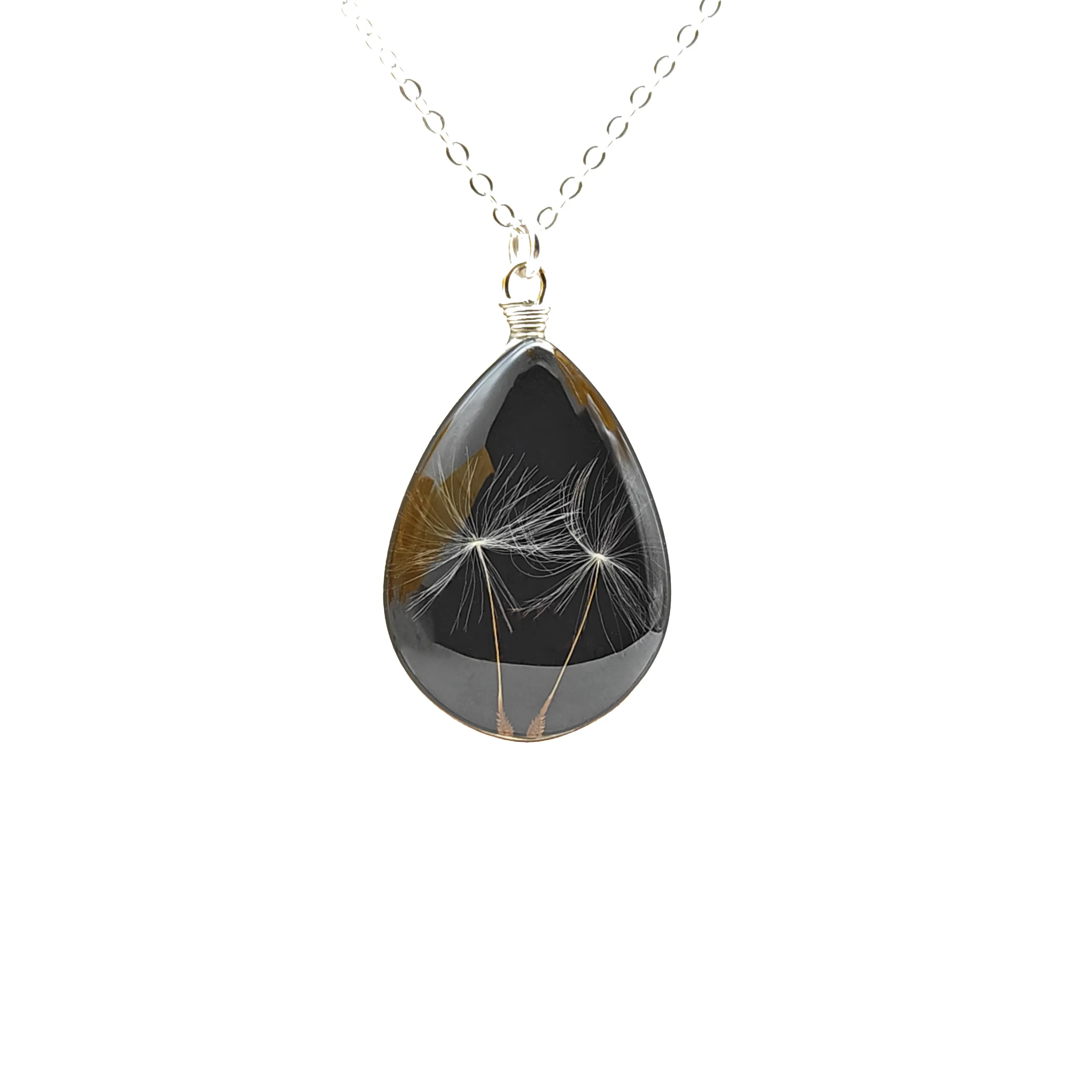 Authentic Dandelion with 2 Wishs Waterdrop Black Glass Pendant Gold Silver Color Chain Necklace Women Choker Boho Jewelry Handmade