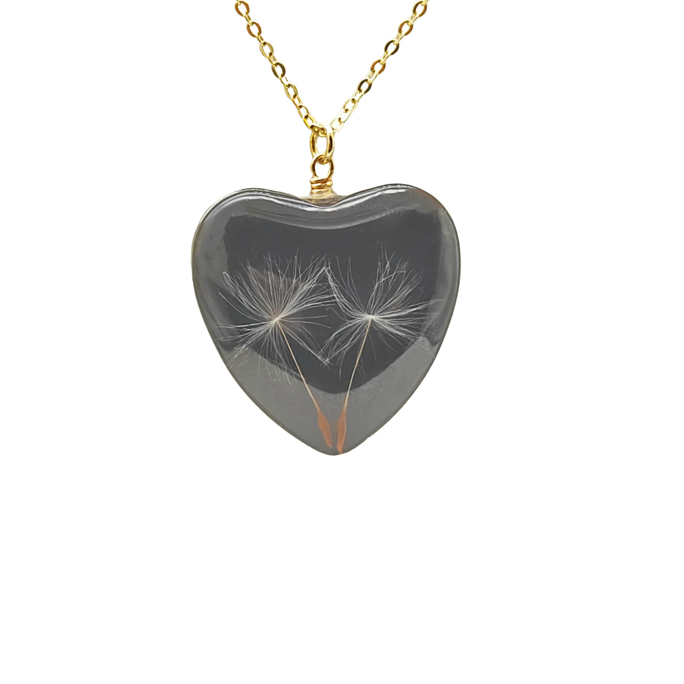 Authentic Black Heart 2 Dandelions Make a Wish Necklace Glass Pendant Gold Silver Color Chain Women Good Luck Hope Boho Jewelry Handmade