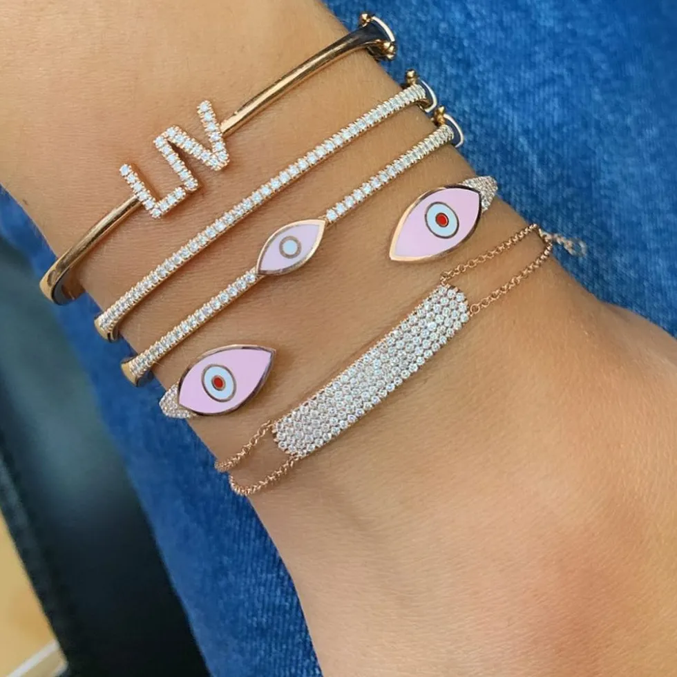 Authentic Turkish Evil Eye Pink Green Blue Enamel Cuff Bracelet for Women Paved White Cz Rose Gold Plated Color Bangles Jewelry