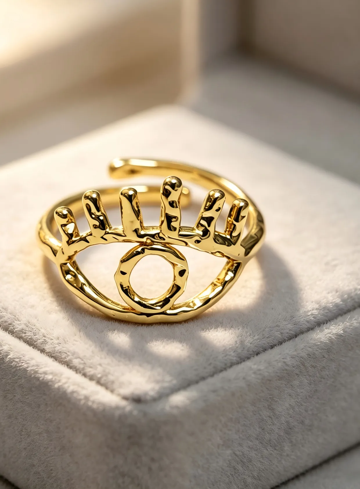 Authentic 1Pc Women KC Gold Plated Evil Eye Open Adjustable Ring, Irregular Hammered Texture Finger Jewelry for Daily Wear