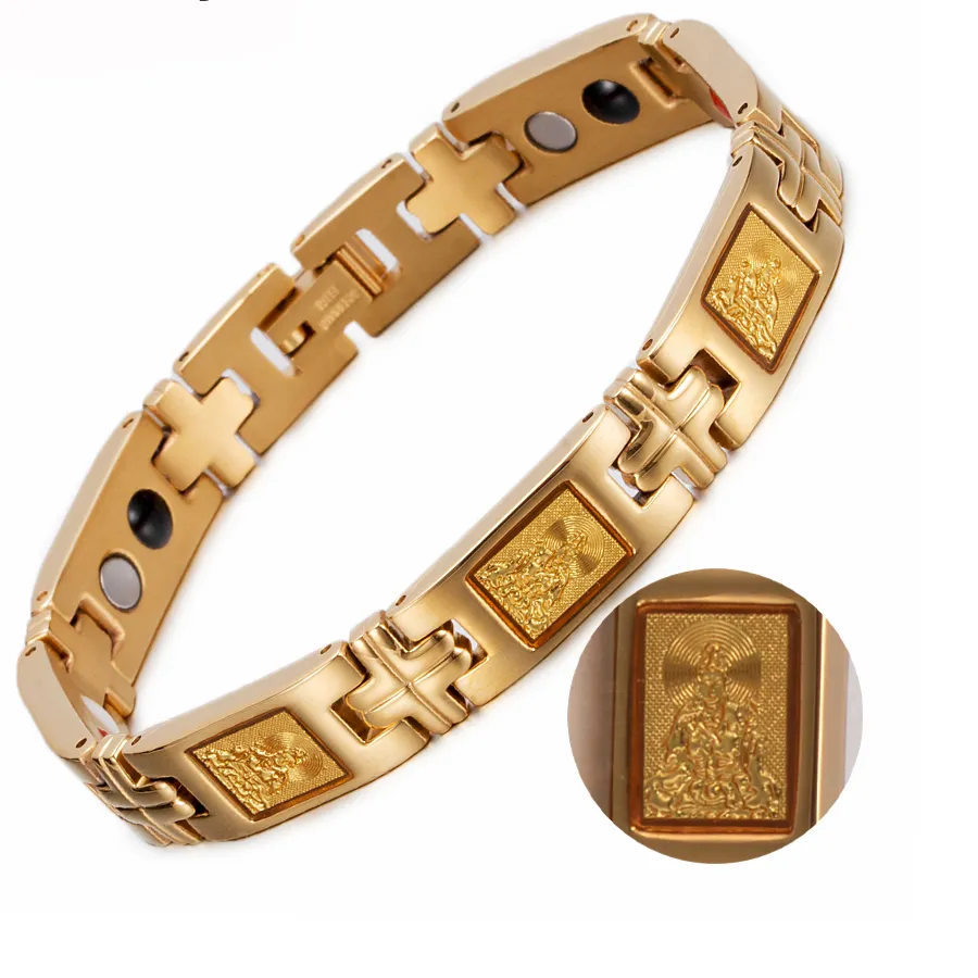 Authentic Vinterly Lucky Magnetic Bracelet Men Wrist Band Gold-color Foil Guanyin Bodhisattva Buddha Germanium Jewelry for Women Male