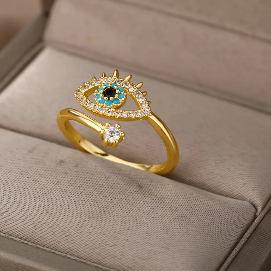 Authentic Zircon Evil Eye Rings For Women Gold Color Evil Eye Finger Ring Lucky Turkish Wedding Waterproof Jewelry
