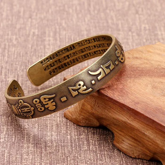 Authentic Nepal Handmade Vintage Bracelet Six-word Mantra Men and Women Tibetan Buddhist Sutra Engraved Lucky Open Bangles Jewelry