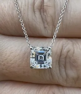 Authentic 8mm Asscher Cut Moissanite Solitaire Pendant for Her in 14K White Gold Plated