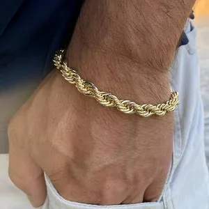 Authentic 14K Gold Plated Rope Chain Hip Hop Bracelet Twisted Braided 3-8mm Thick 8"-9" In