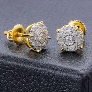 Authentic 14k Gold Plated 925 Silver Real Hip Hop 8mm Earrings Round Cluster Studs Iced CZ