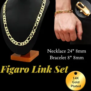 Authentic 14K Stamped Gold Plated Rope/Figaro Set, Bracelet & Necklace 8mm, 24"