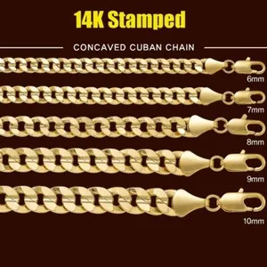 Authentic AAA+ Premium 14K Stamped Gold plated 4~10mm Concaved Cuban Chain Necklace