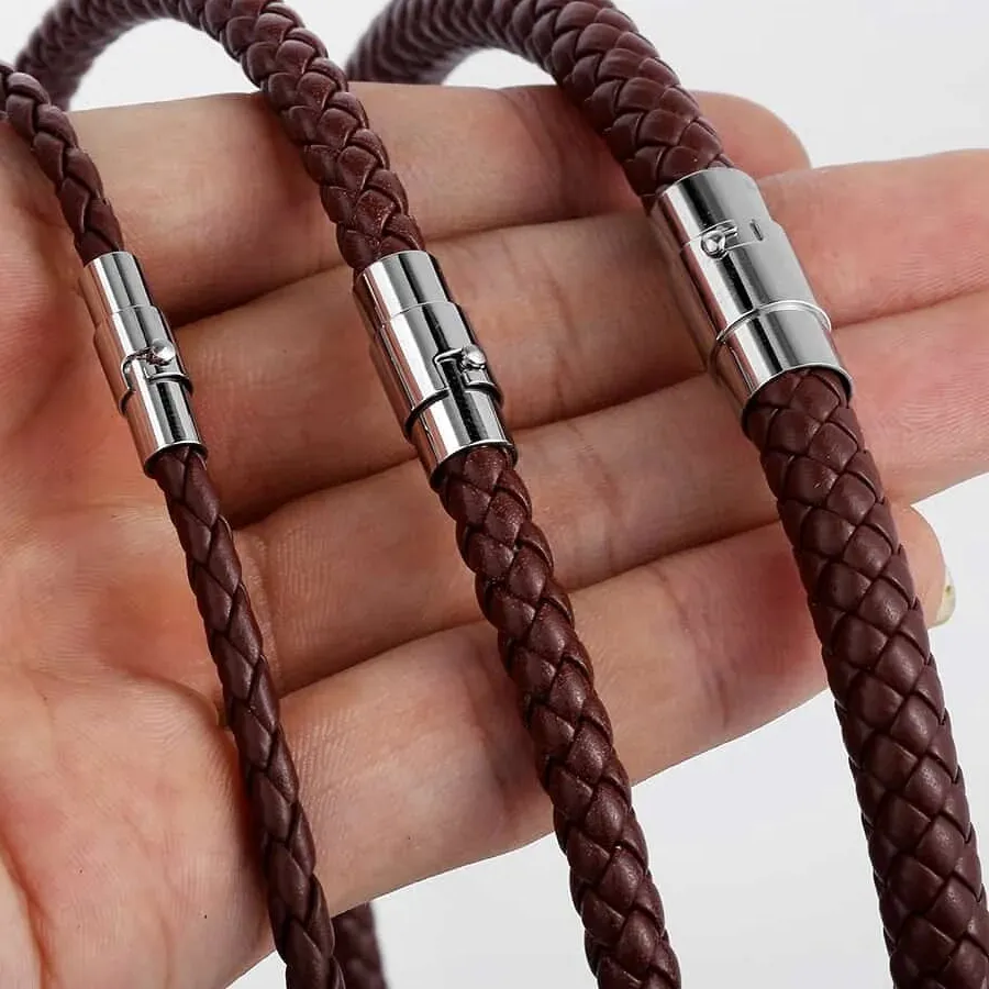 Authentic Mens Womens Buckle Brown Leather Rope Cord Necklace Jewelry Choker Chain 4/6/8mm