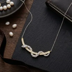 Authentic 16" + 2" Two Tone CZ Serpent Bar Necklace Sterling Silver and Gold Plated
