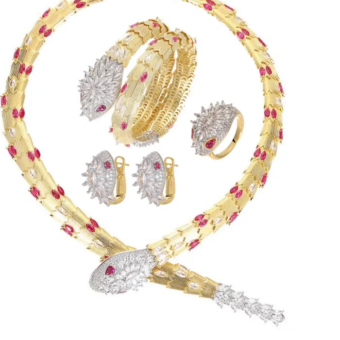 Authentic Designer Style Necklace Bracelet Earrings Ring Inlay Red Green Cubic Zircon Yellow Gold Color Large Snake Snakelike Jewelry Sets