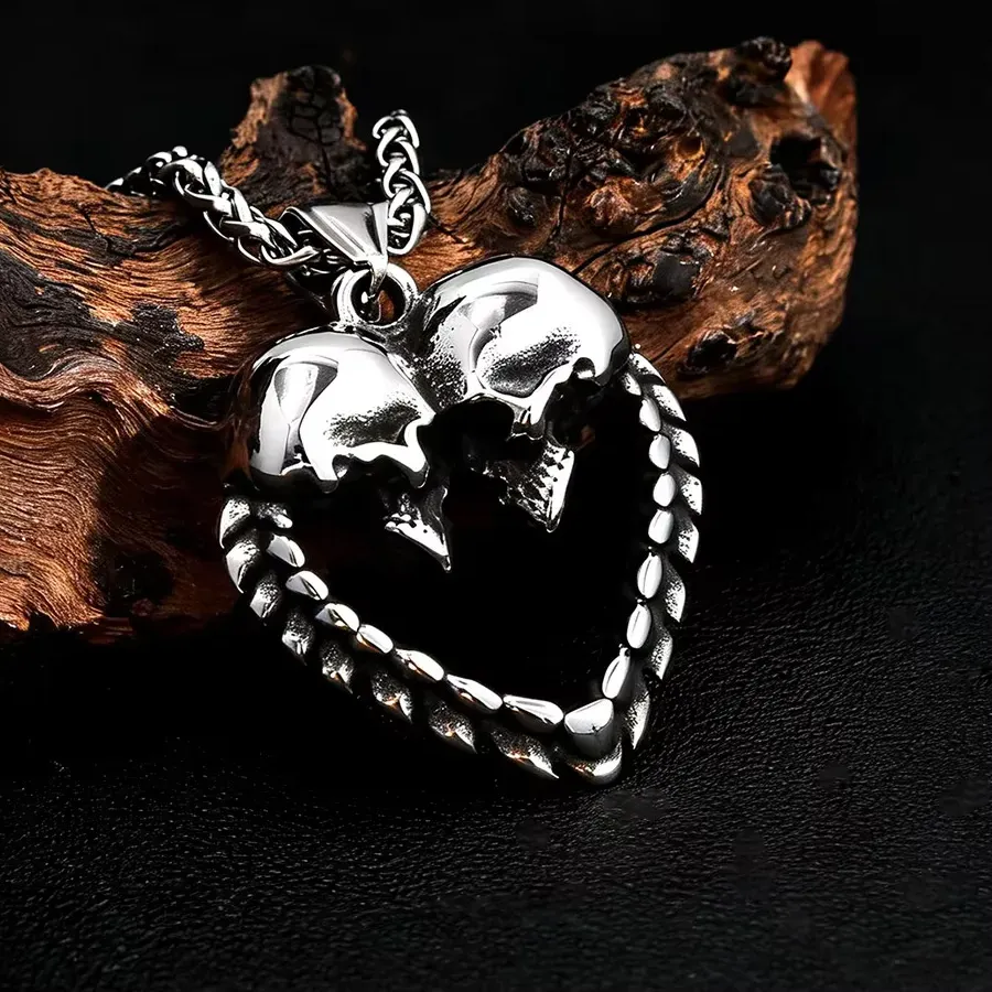 Authentic Double Skull Heart Shape Pendant Necklace Gothic Punk Love Symbol Jewelry Couple Birthday Holiday