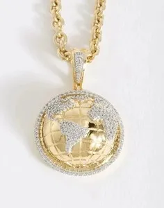 Authentic 2Ct Round Cut Lab Created Globe Men's Charm Pendant 14K Yellow Gold Plated