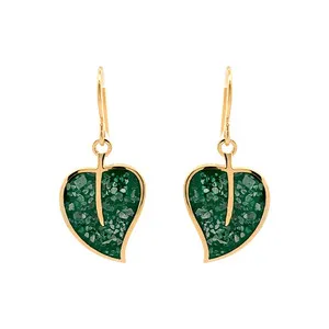 Authentic 925 Silver Gold Plated Earrings Green Mother of Pearl Leaf Design