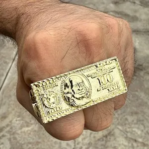Authentic 14k Gold Plated Two Finger Ring $100 Dollar Bill Money Hundred Dollars 2 Fingers