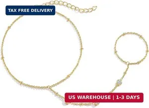 Authentic Dainty Gold Hand Chain Bracelet for Women - Trendy 14K Gold Plated Finger Ring w