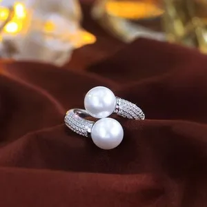 Authentic Gleaming Luminescence Double Pearl and CZ Golden Ring
