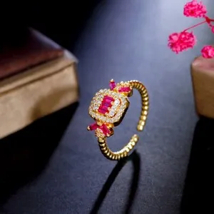 Authentic Adjustable Round CZ Baguette Finger Ring Yellow Gold Plated Red Jewelry