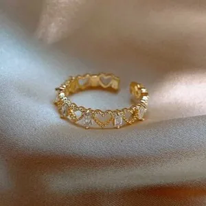 Authentic Gold Plated Zircon Heart Finger Ring Women Wedding Adjustable Open Ring Jewelry