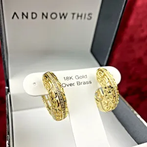 Authentic Celestial Greek Key Hoop Earrings - 18Kt Gold Plated, Channel-Set Stones, New Treasure