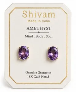 Authentic Shivam Amethyst Stud Earrings – 18K Gold Plated Genuine Gemstone 3/8” NWT