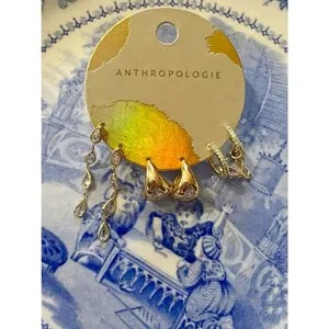 Authentic NWT Anthropologie Crystal Droplet Gold Earrings gold plated set of 3