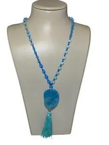 Authentic Sequin Women's Beaded Bue Gold Plated Long Stone Tassel Necklace NWT