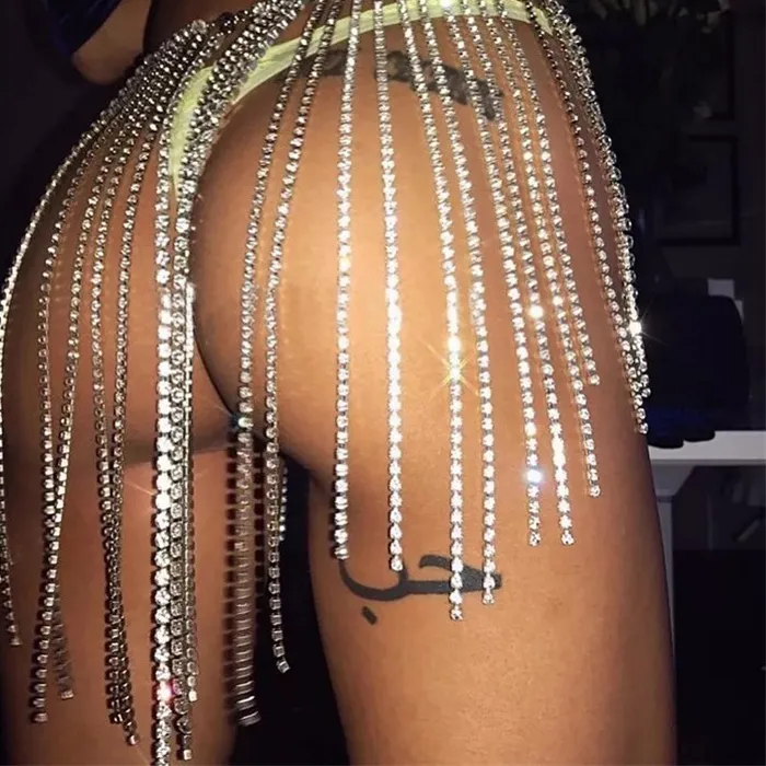 Authentic Radiant Cascade Of Light Gold- Plated Rhinestone Tassel Body Chain Skirt