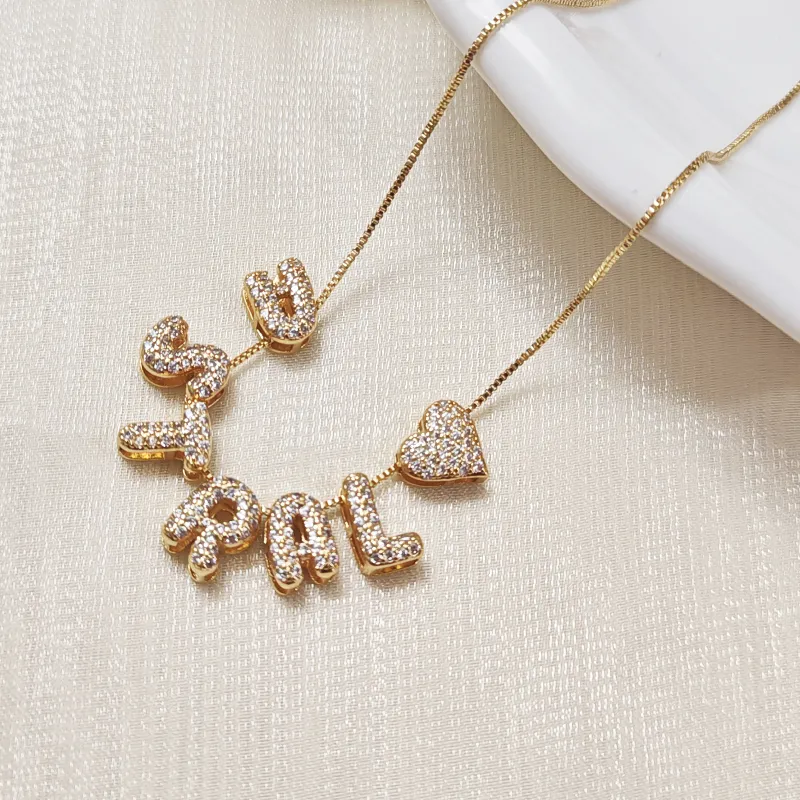 Authentic Customized Sparkling Zircon 3D Bubble Letter Name Necklace DIY 26 Initial Letter Necklace Jewelry
