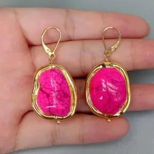 Authentic Whispers of the Dawn: Pink Turquoise Gold-Plated Dangle Earrings