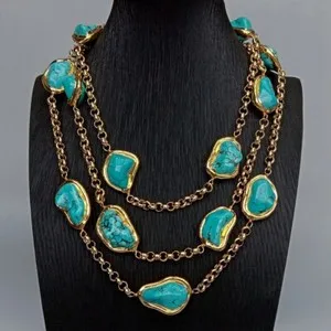 Authentic 3 Rows Blue Turquoise Freeform Shape Gold Plated Chain Necklace