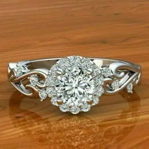 Authentic 2Ct Round Simulated Diamond Freeform Shape Wedding Ring 14K White Gold Plated