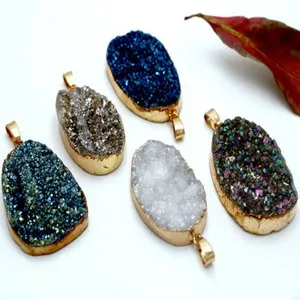 Authentic 5pcs freeform Electroplated Natural Druzy Agate Links Real Gold Plated Necklace