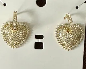 Authentic Gold plated cz Pavé Clear Rhinestone Heart Dangle Drop hoop Earrings