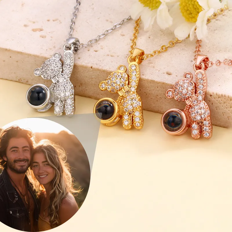 Authentic Custom Color Photo Projection Bear Necklace Cute Creativity 2025 Exquisite Women's Christmas Anniversary Accessories