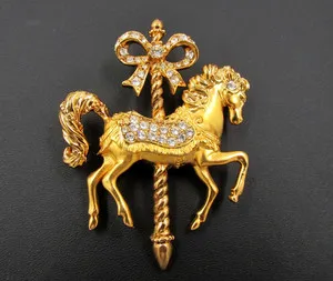 Authentic Enchanted Carousel Horse Brooch - Radiant Gold Plated Talisman with Celestial Rhinestones