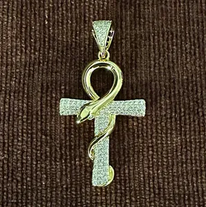 Authentic HQ gold plated Snake Wrapped Cross Pendant, Gold & cz, Religious Theme