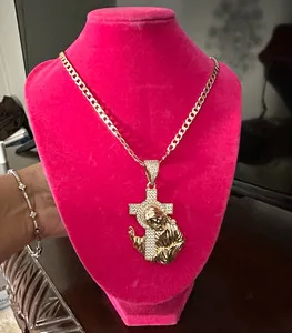 Authentic HQ Gold plated Cuban Link Chain Necklace, Pavé Simulated Crystal Cross Charm