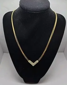 Authentic Clear Rhinestone Gold Plated Necklace V Focal Point Chain Vintage