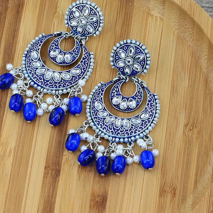 Authentic Ethnic Pink Blue Indian Jewelry Earrings Crescent Moon Shape Rhinestones Bollywood Earrings Jhumka