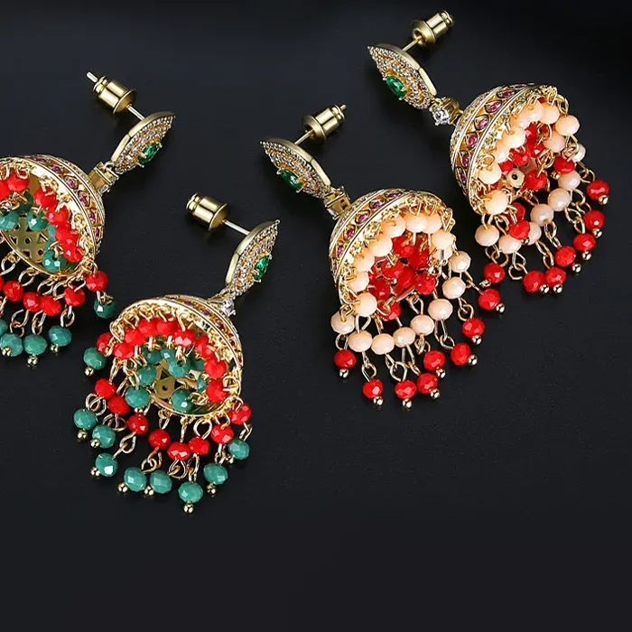 Authentic Mystic Gypsy Jhumka Earrings - Enchanted Zircon Beads for Bollywood Bridal Splendor
