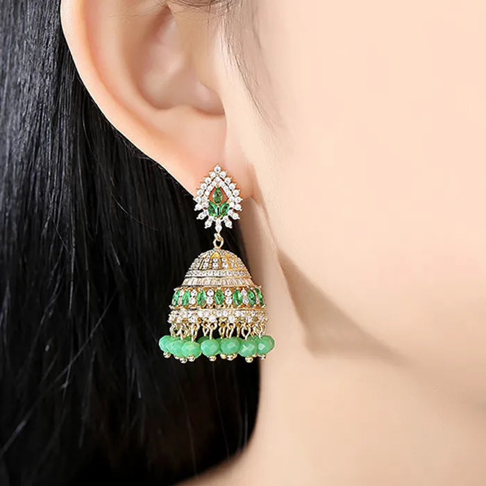Authentic Indian Jhumka Crystal Bell Drop Earrings Women Gypsy Ethnic Beads Dangle Zircon Earring Jumki Bollywood Jewelry Tribal