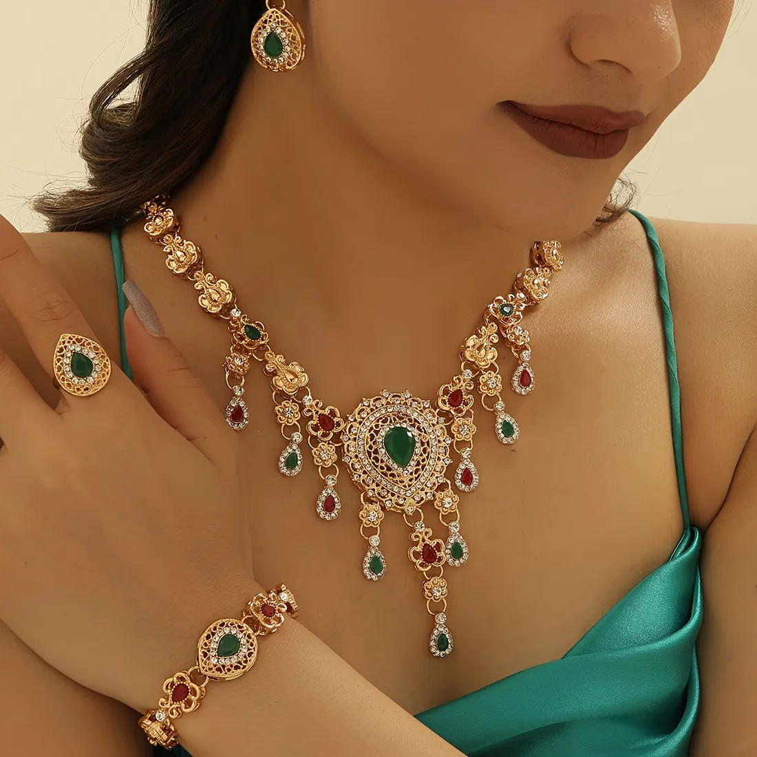 Authentic Bollywood Vintage Style Jewelry Set - 5pcs/set Sacred Geometry Dangle Earrings, Ring, Necklace, and Bracelet with 14k Gold Plated Protection