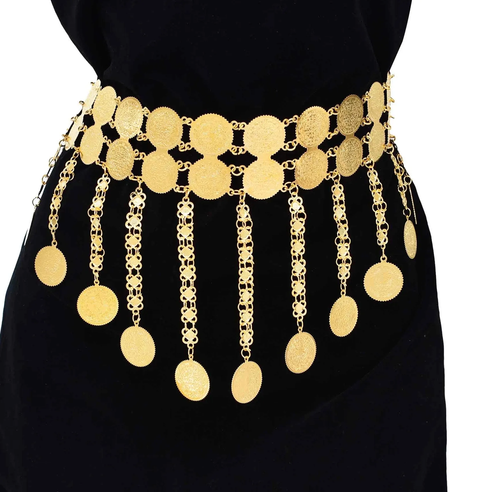 Authentic Golden Double Layer Coins Long Chain Pendant Body Jewelry Belly Chains Arab Turkey Kurdish Indian Folk Costume Belts for Women