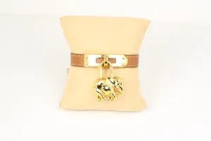 Authentic Enchanted Hermes Leather Bracelet with Golden Elephant Talisman