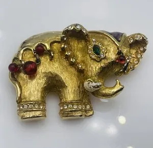 Authentic Hattie Carnegie Vintage Gold Plated Circus Elephant Glass Rhinestone Brooch Pin