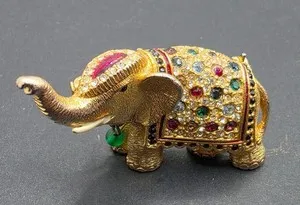 Authentic Vintage Sphinx Elephant Trunk Up Gold Plated w/Rhinestone Enamel ''A952'' Brooch