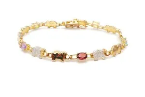 Authentic Gold Plated Sterling Silver 925 Multi Gemstone Elephant Bracelet 7.75"