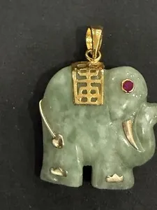 Authentic STERLING SILVER GOLD PLATED CARVED JADE ELEPHANT PENDANT WITH RUBY EYE
