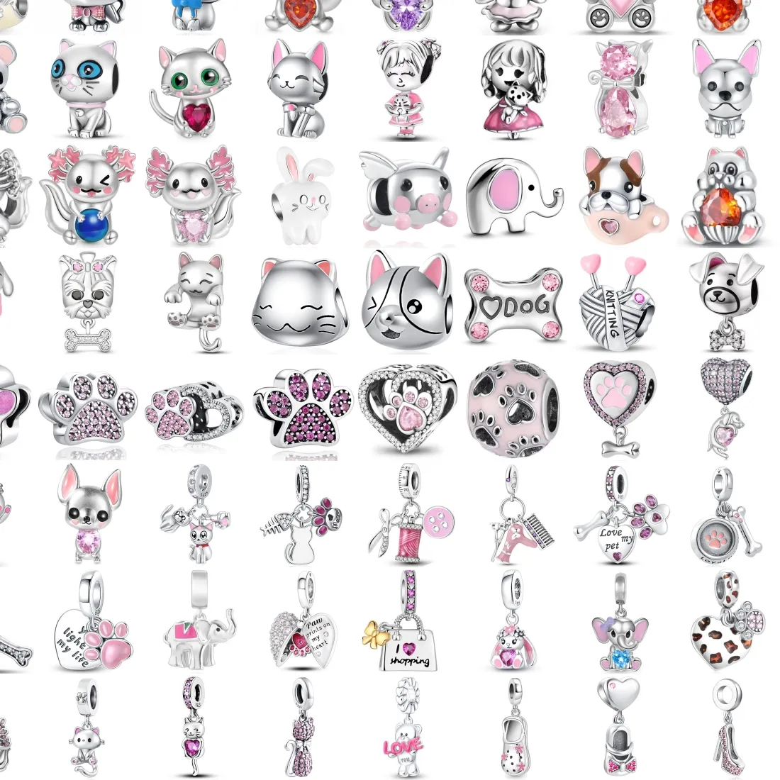 Authentic 925 Sterling Silver Animal Pet Dangle Charms Cat Dog Bear Elephant Rabbit Pig Paw Print Fit Diy Jewelry